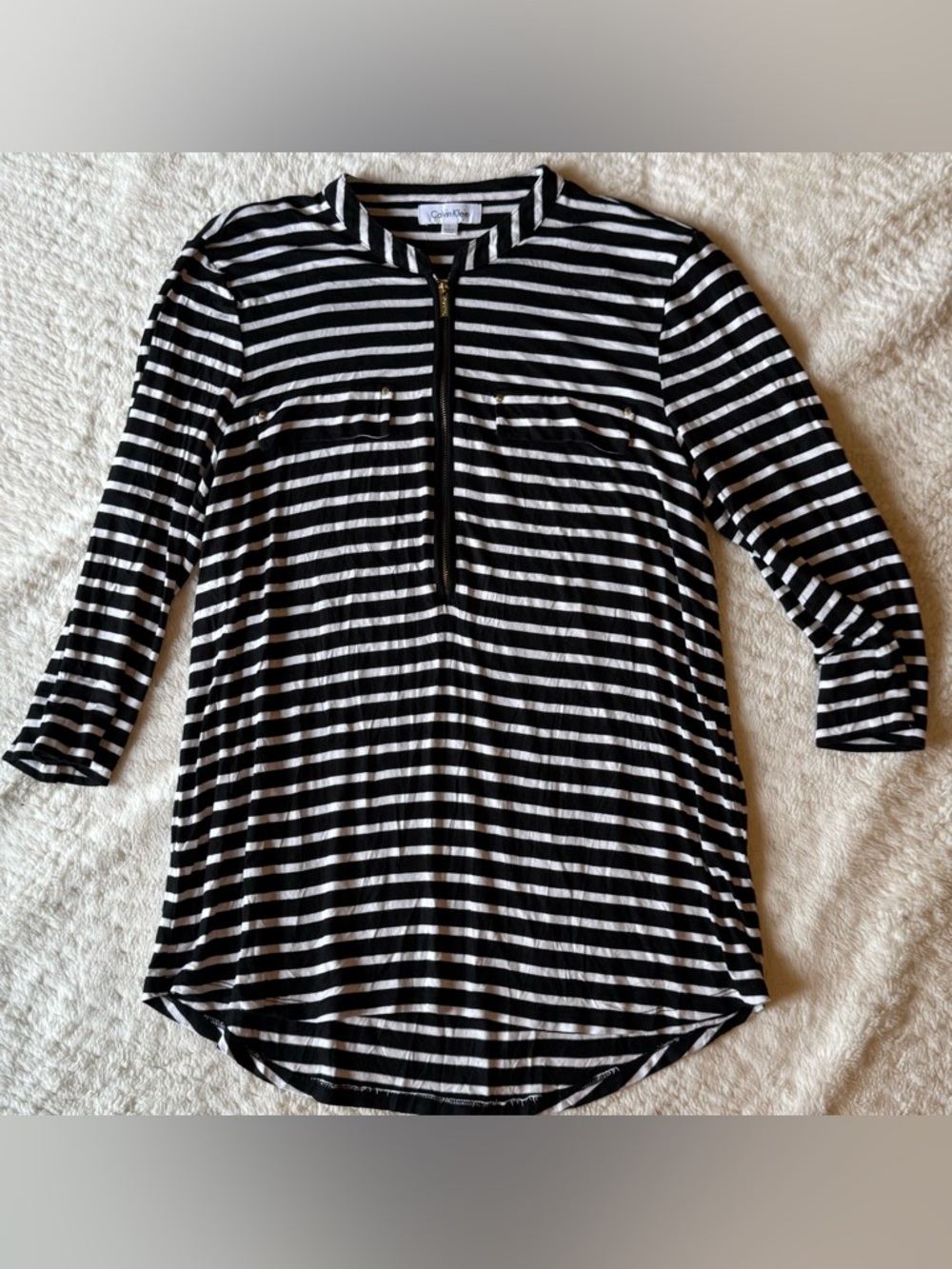 Calvin Klein Black and White Striped Zip-Front Top